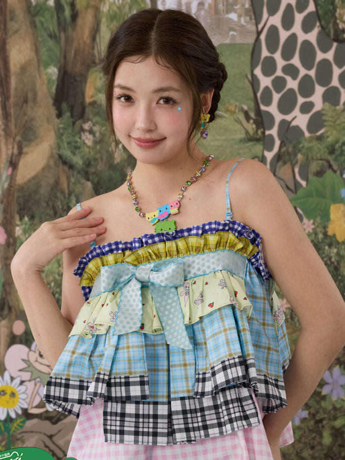 Patchwork Plaid Ruffle Bow Cami Top