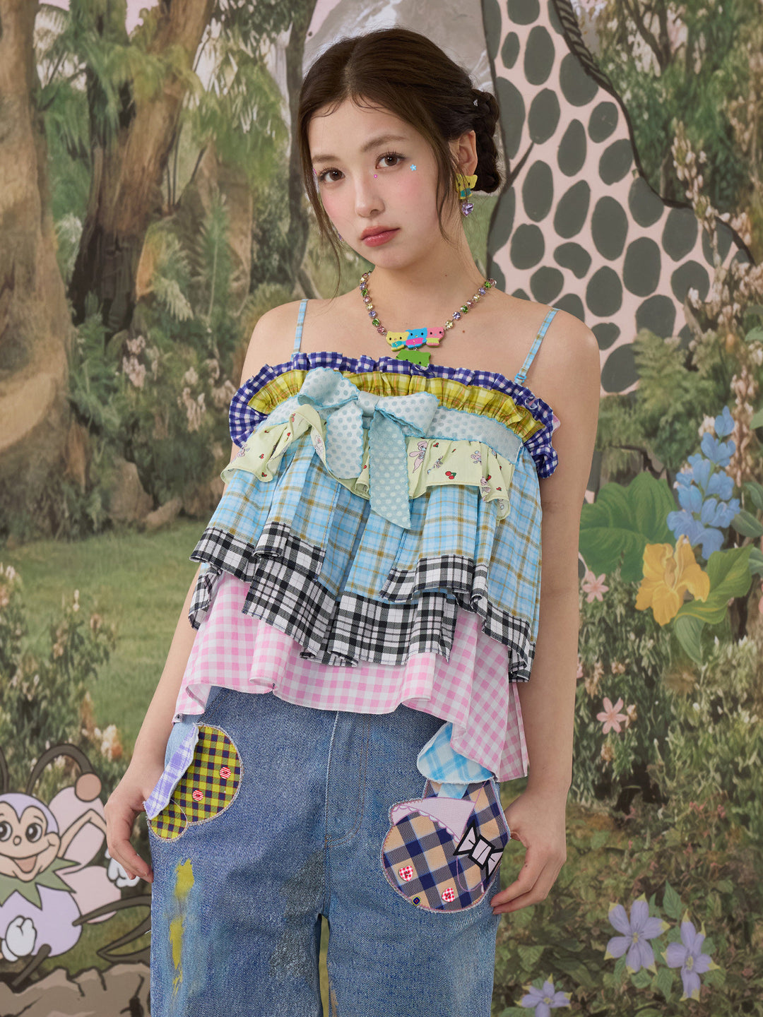 Patchwork Plaid Ruffle Bow Cami Top