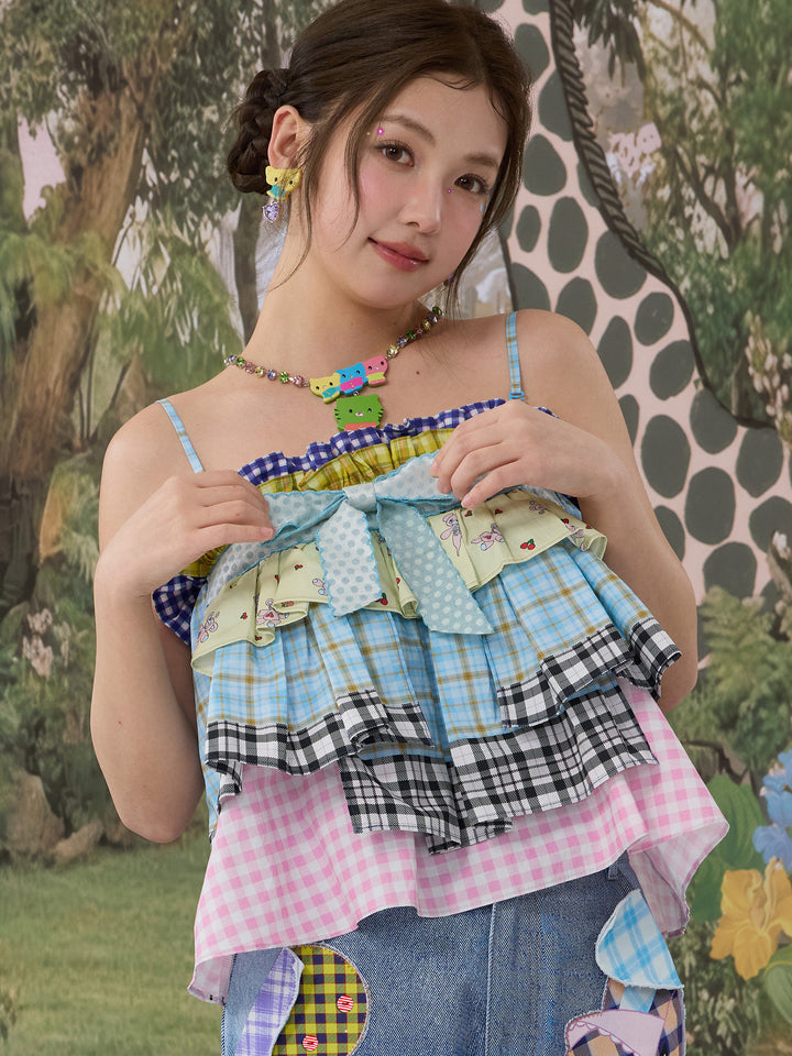 Patchwork Plaid Ruffle Bow Cami Top