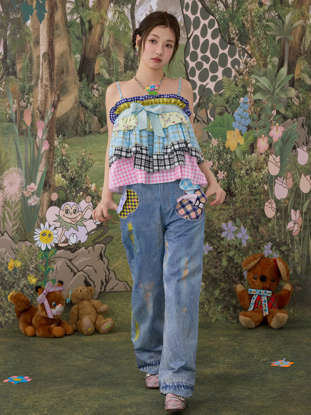 Patchwork Plaid Ruffle Bow Cami Top