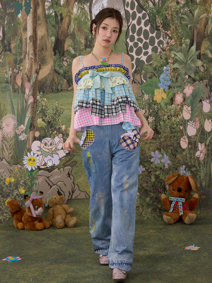 Patchwork Plaid Ruffle Bow Cami Top
