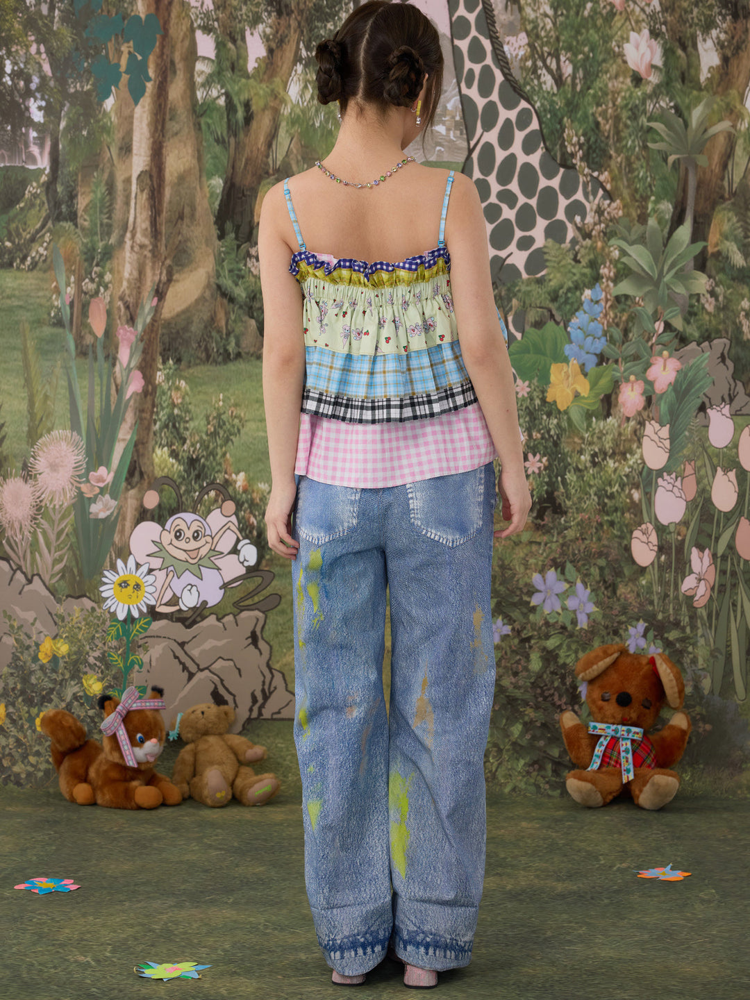 Patchwork Plaid Ruffle Bow Cami Top