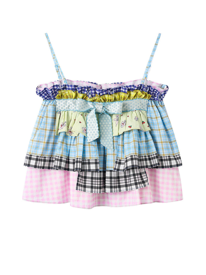 Patchwork Plaid Ruffle Bow Cami Top