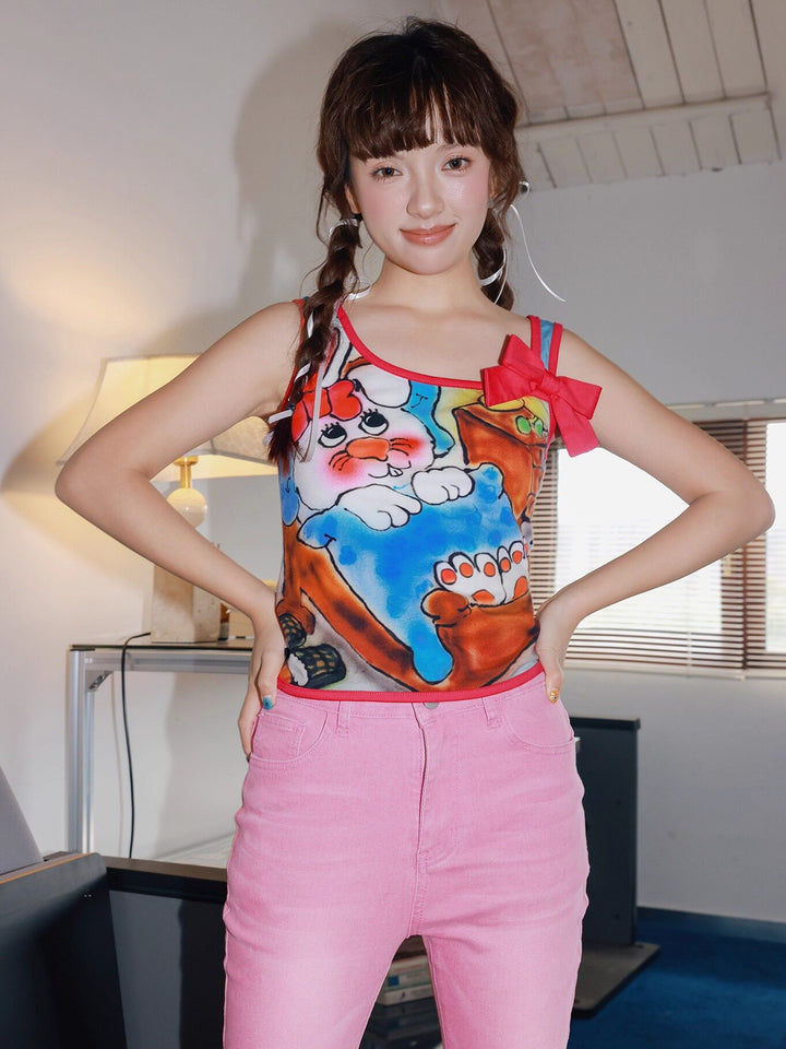 Playful Bunny Graphic Bow Tank Top