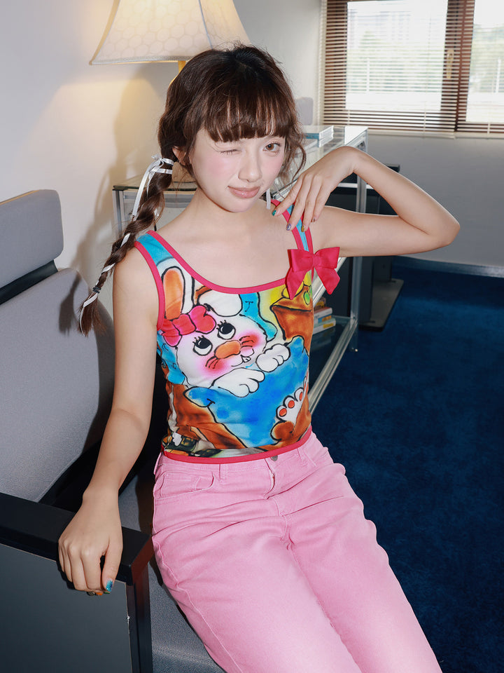 Playful Bunny Graphic Bow Tank Top