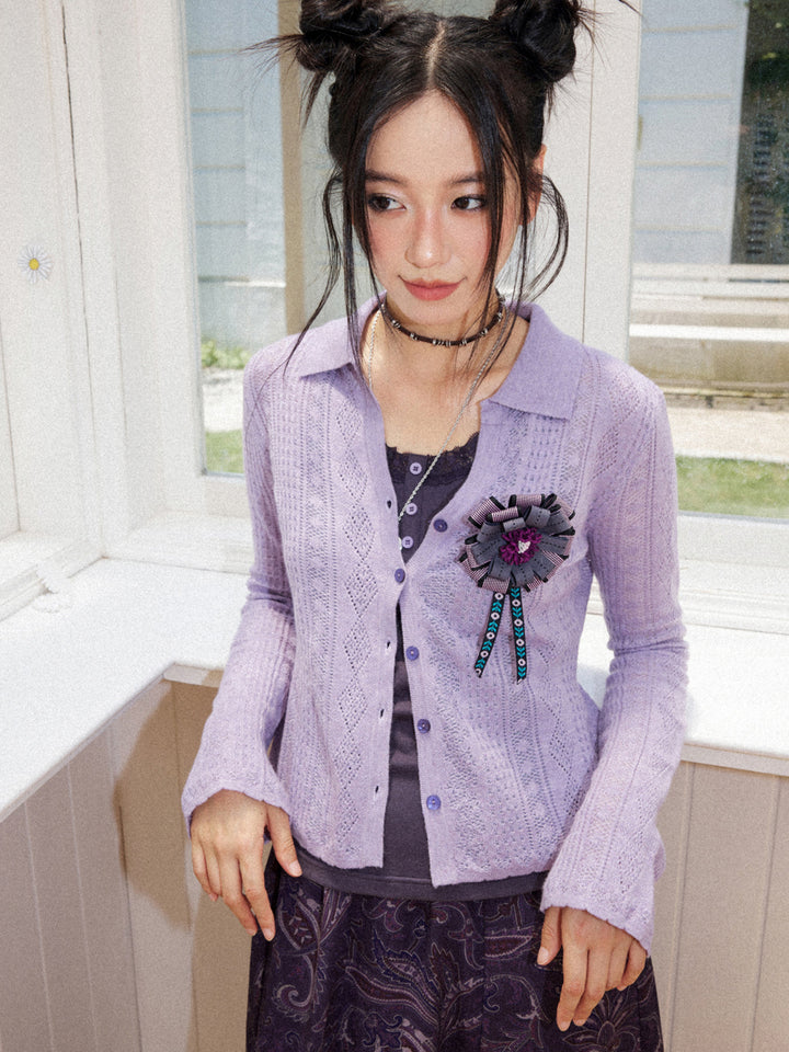 Pointelle Knit Collared Cardigan