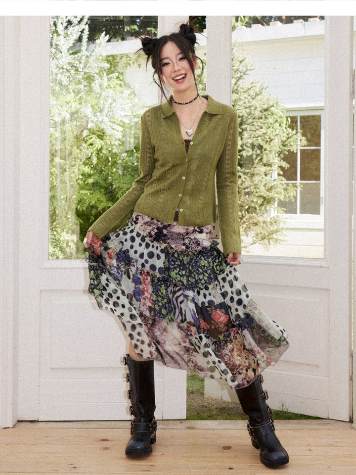 Pointelle Knit Collared Cardigan