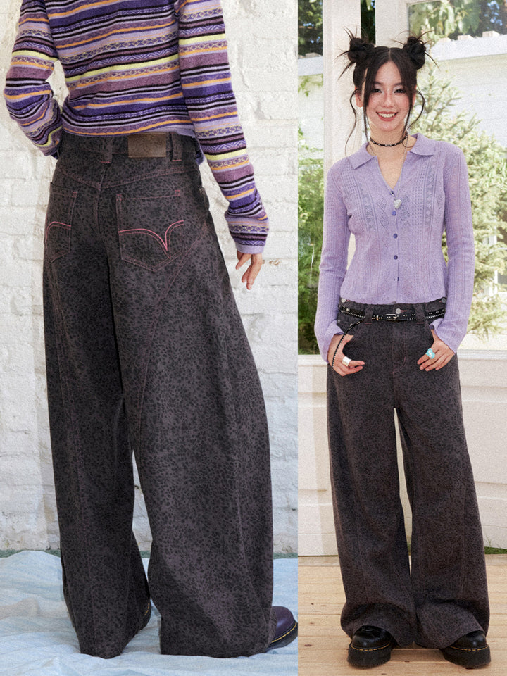 Washed Leopard Print Wide Leg Jeans