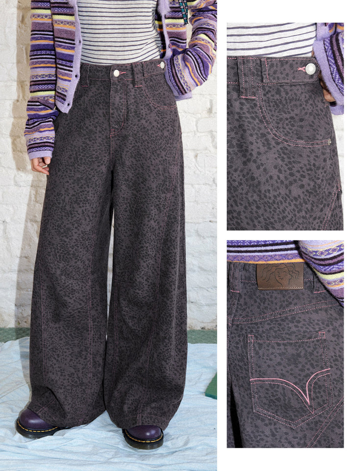 Washed Leopard Print Wide Leg Jeans