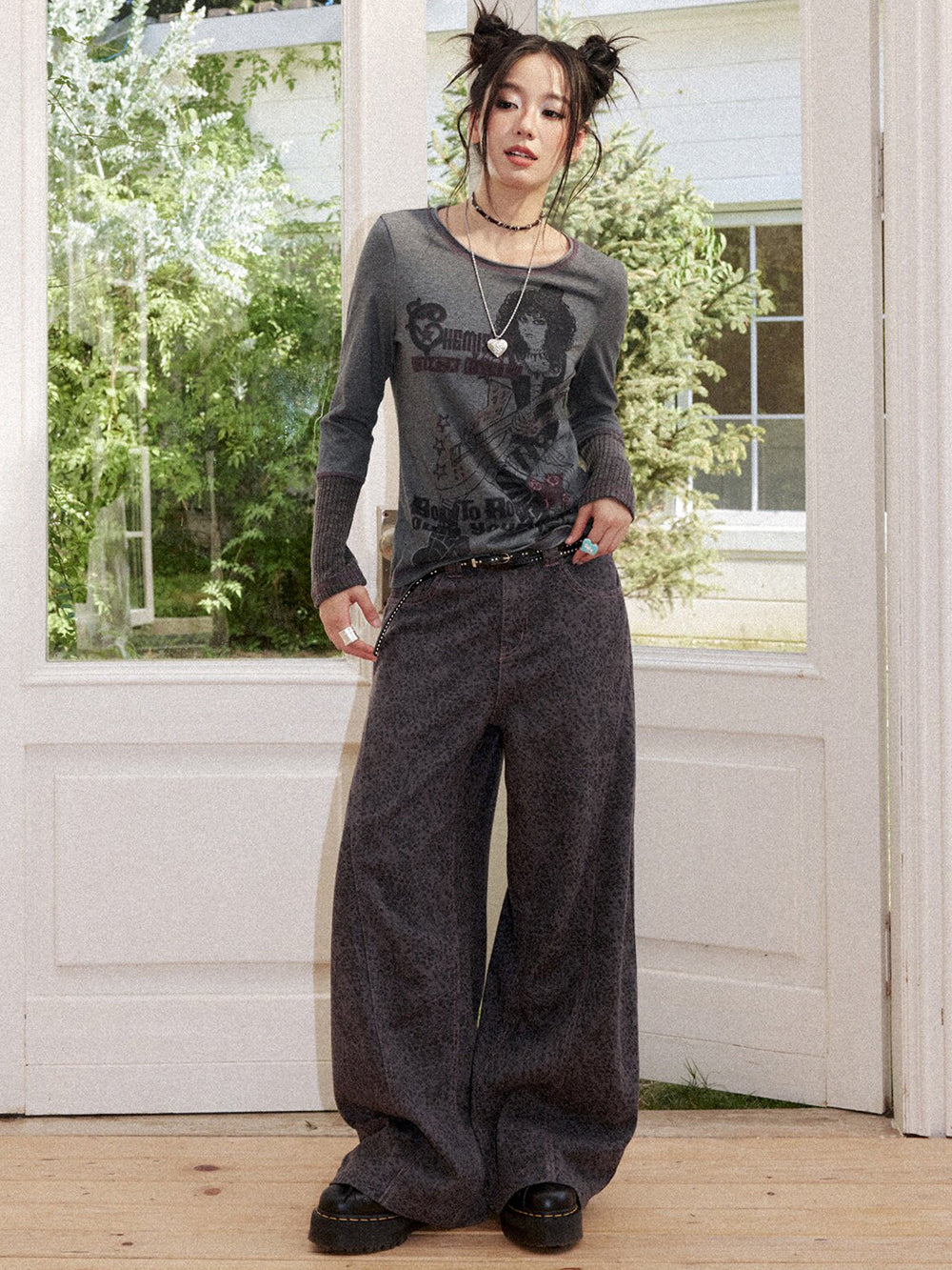 Washed Leopard Print Wide Leg Jeans