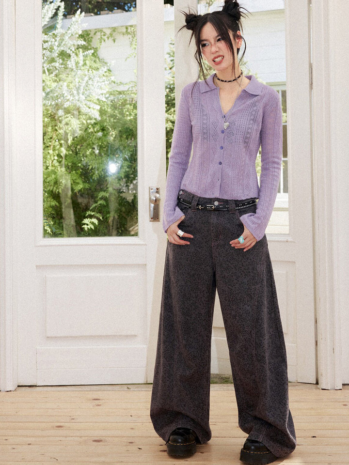 Washed Leopard Print Wide Leg Jeans