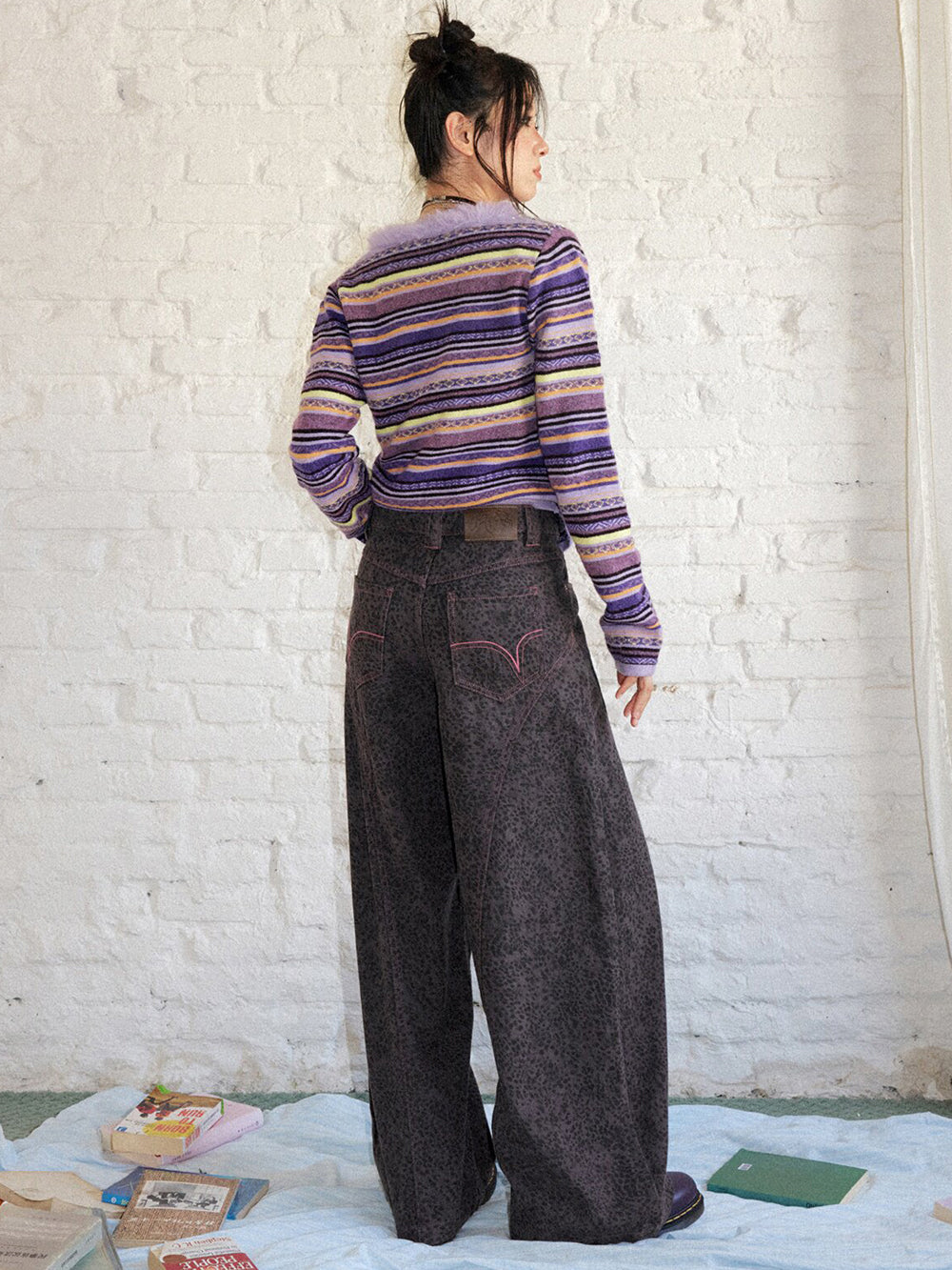 Washed Leopard Print Wide Leg Jeans
