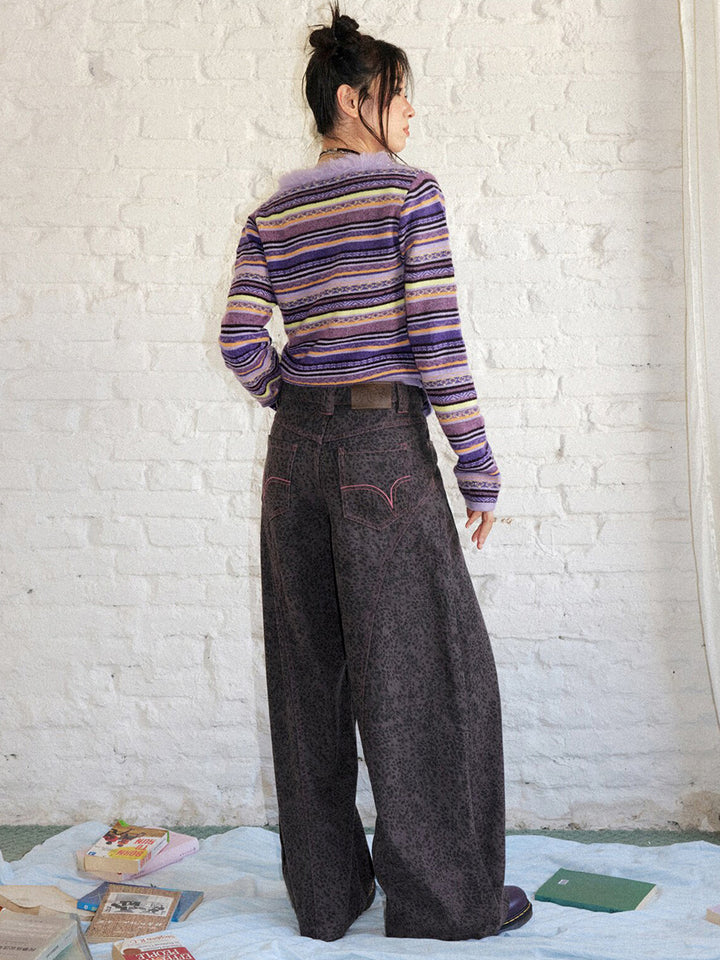 Washed Leopard Print Wide Leg Jeans