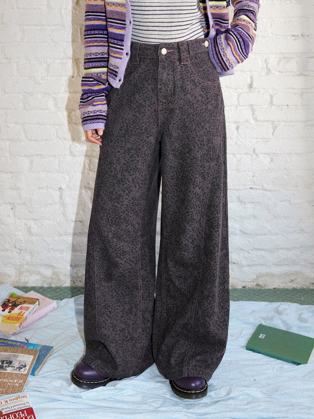 Washed Leopard Print Wide Leg Jeans
