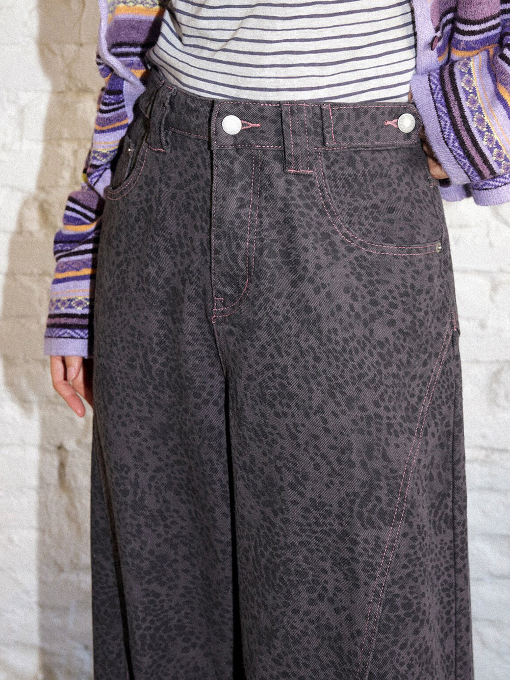 Washed Leopard Print Wide Leg Jeans