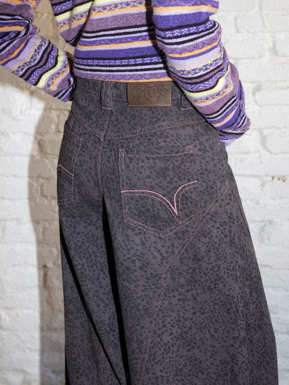 Washed Leopard Print Wide Leg Jeans