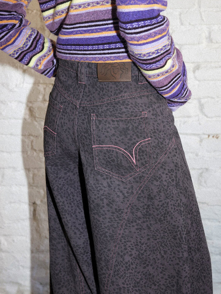Washed Leopard Print Wide Leg Jeans