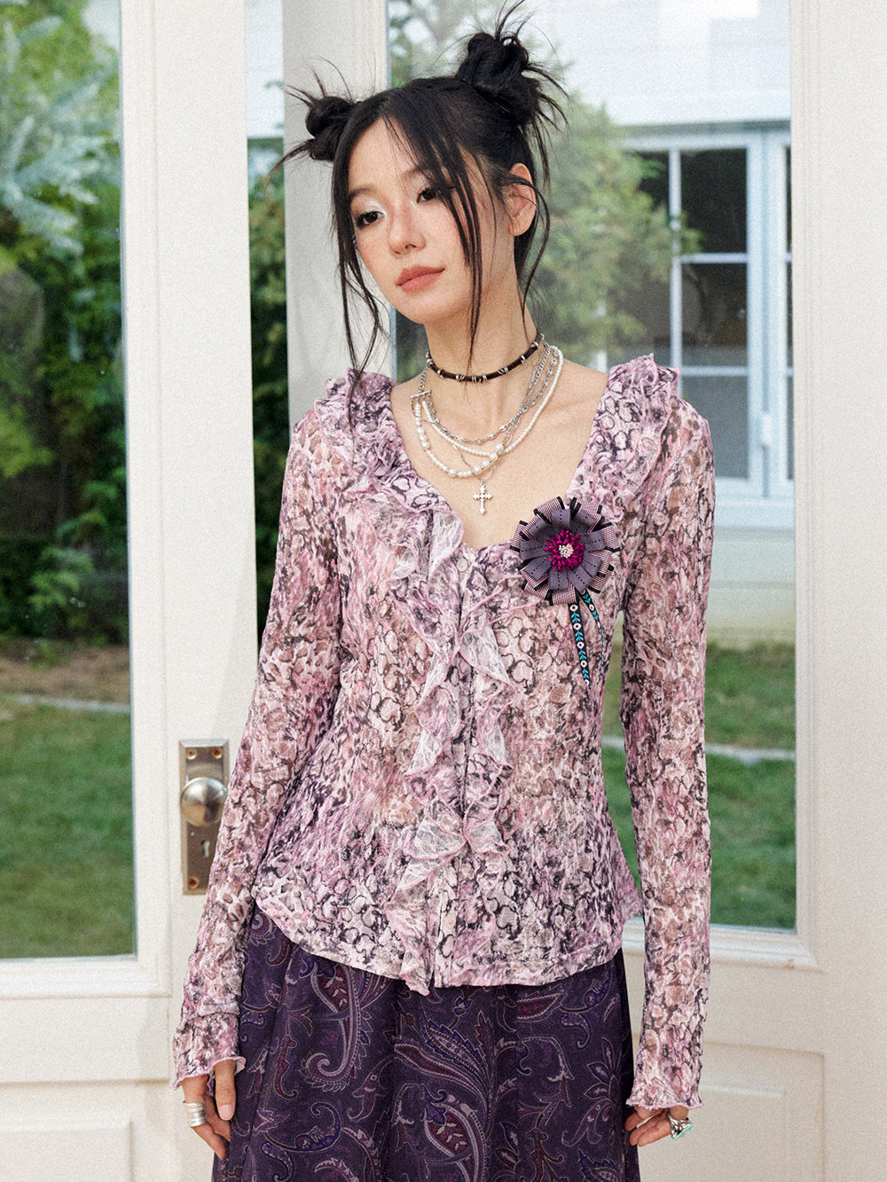 Rose Print Ruffle Button Long Sleeve Top
