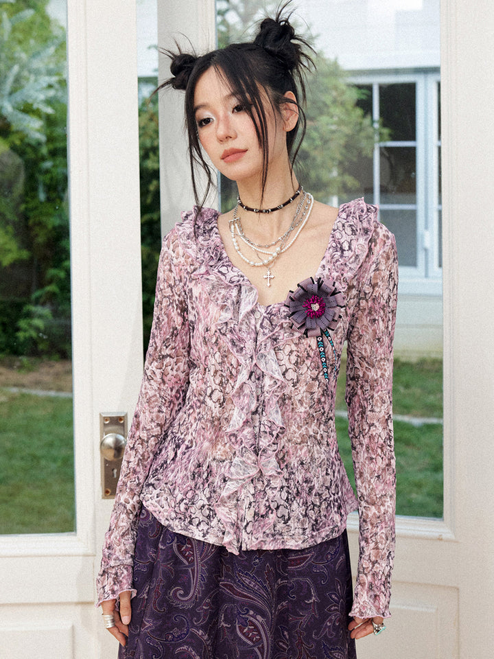 Rose Print Ruffle Button Long Sleeve Top