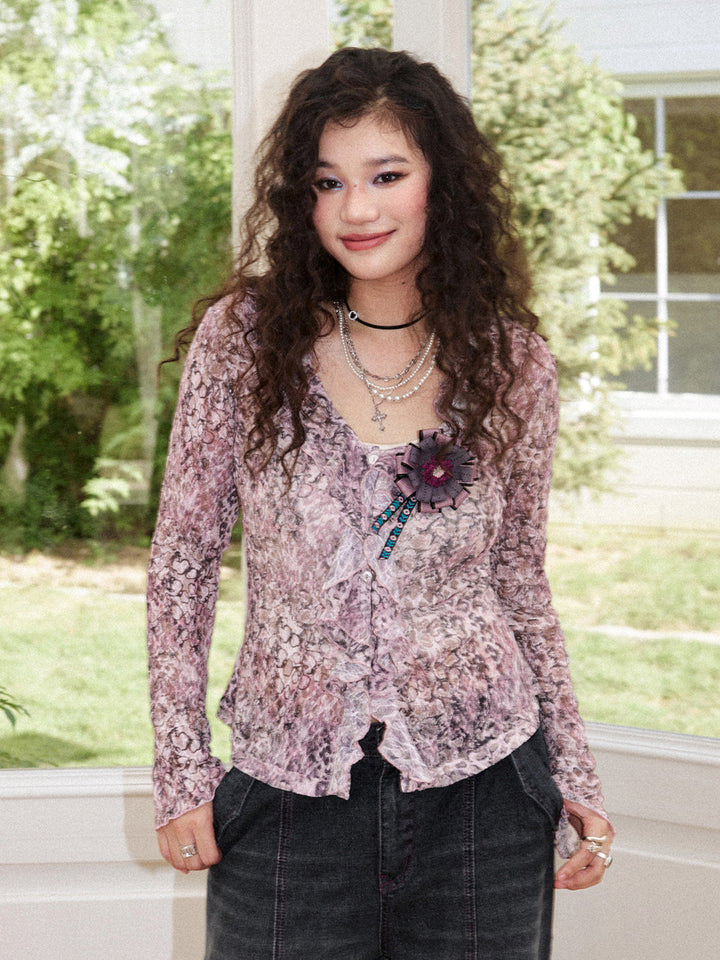 Rose Print Ruffle Button Long Sleeve Top