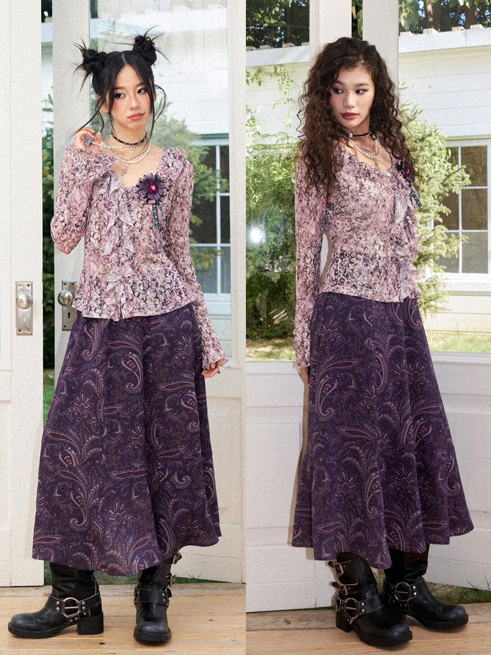 Rose Print Ruffle Button Long Sleeve Top