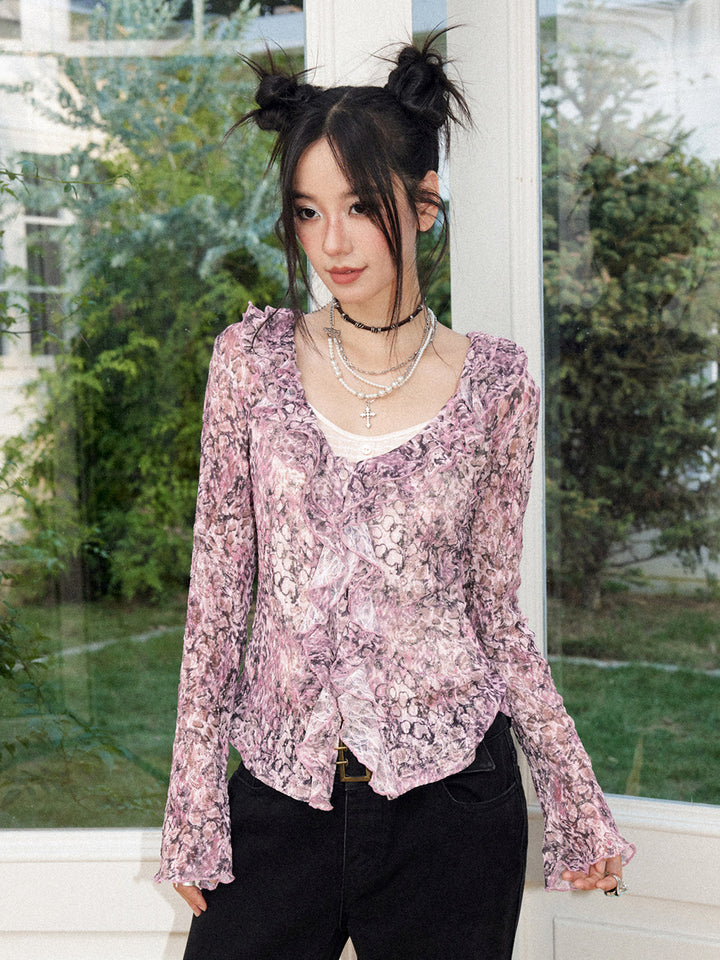 Rose Print Ruffle Button Long Sleeve Top