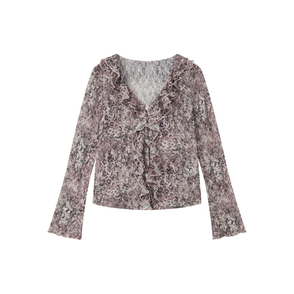 Rose Print Ruffle Button Long Sleeve Top