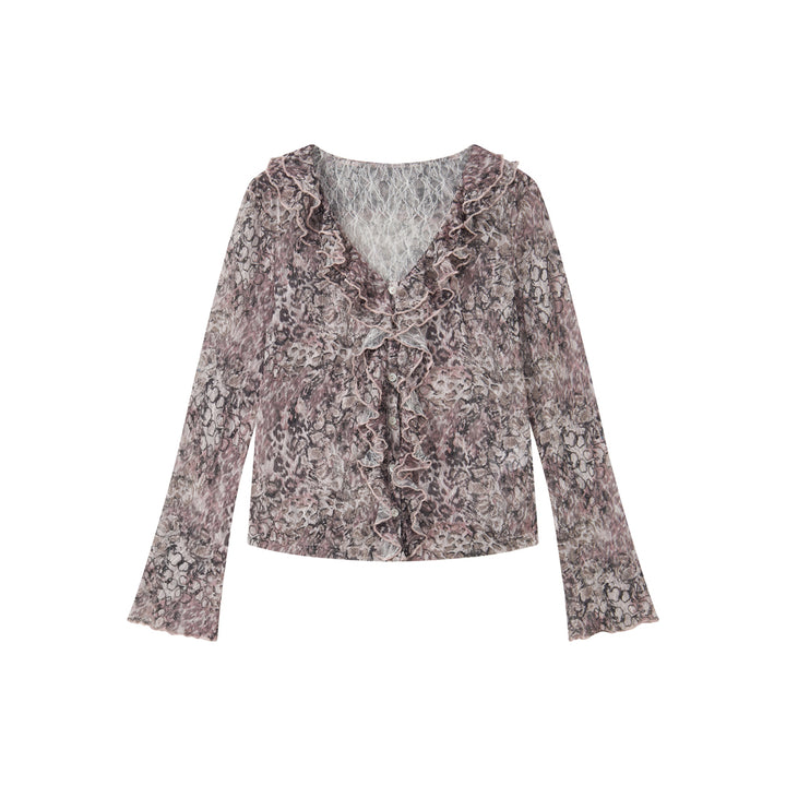 Rose Print Ruffle Button Long Sleeve Top