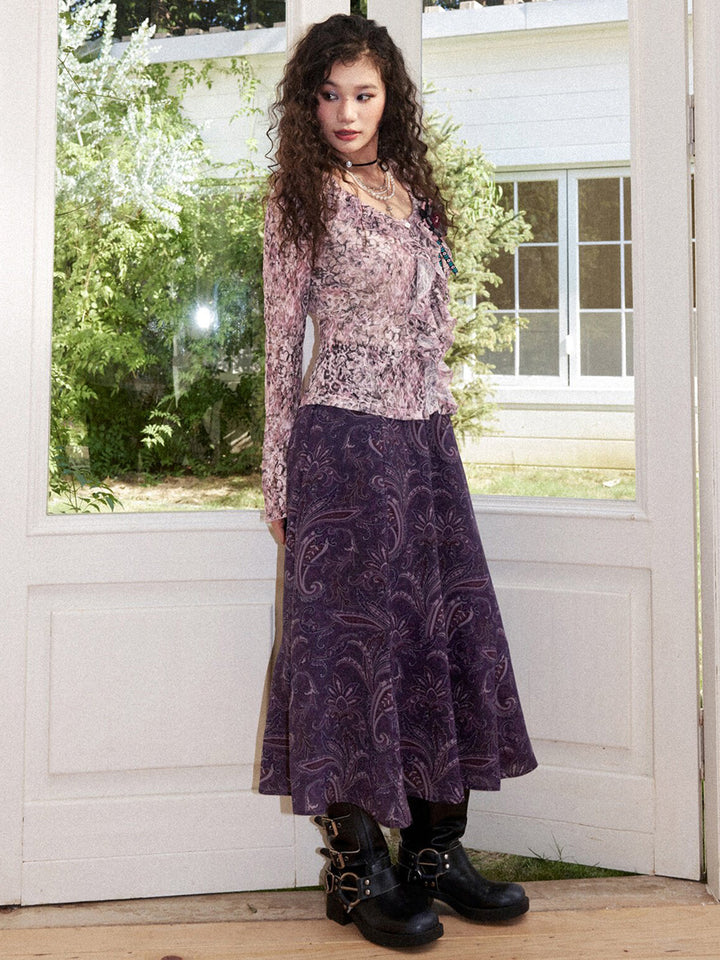 Rose Print Ruffle Button Long Sleeve Top