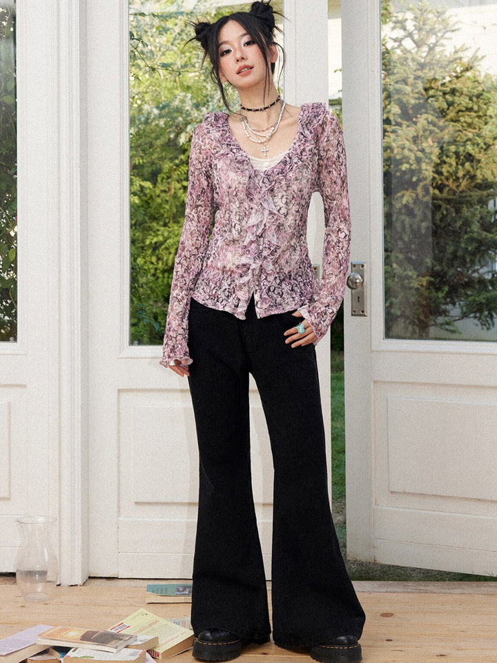 Rose Print Ruffle Button Long Sleeve Top