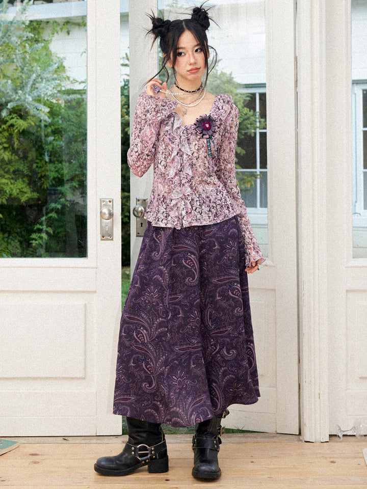 Rose Print Ruffle Button Long Sleeve Top