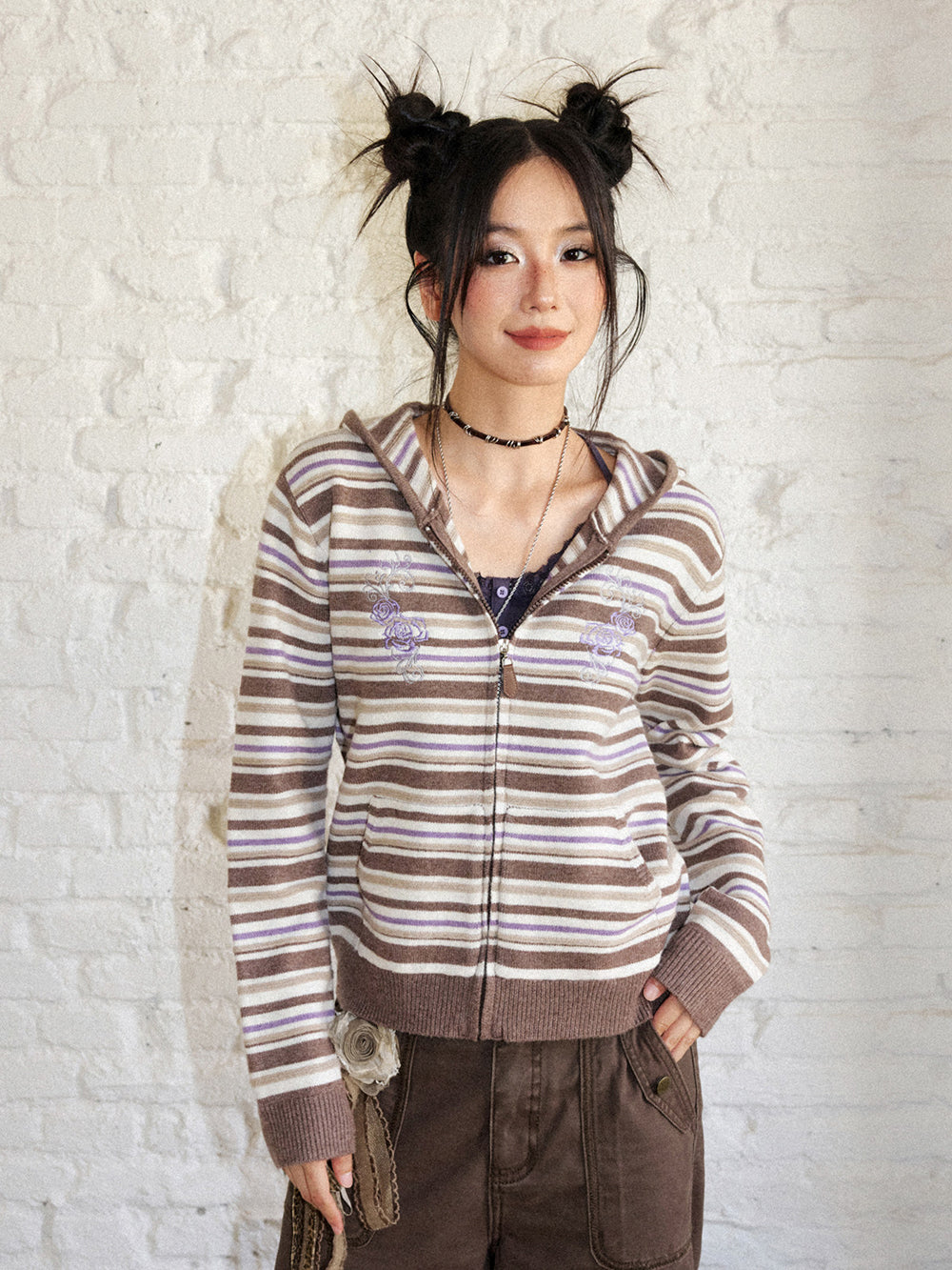 Striped Rose Embroidered Knit Zip Hoodie