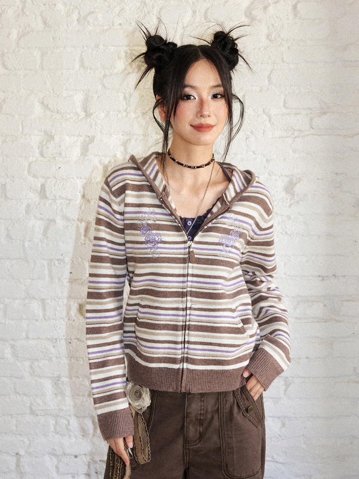 Striped Rose Embroidered Knit Zip Hoodie
