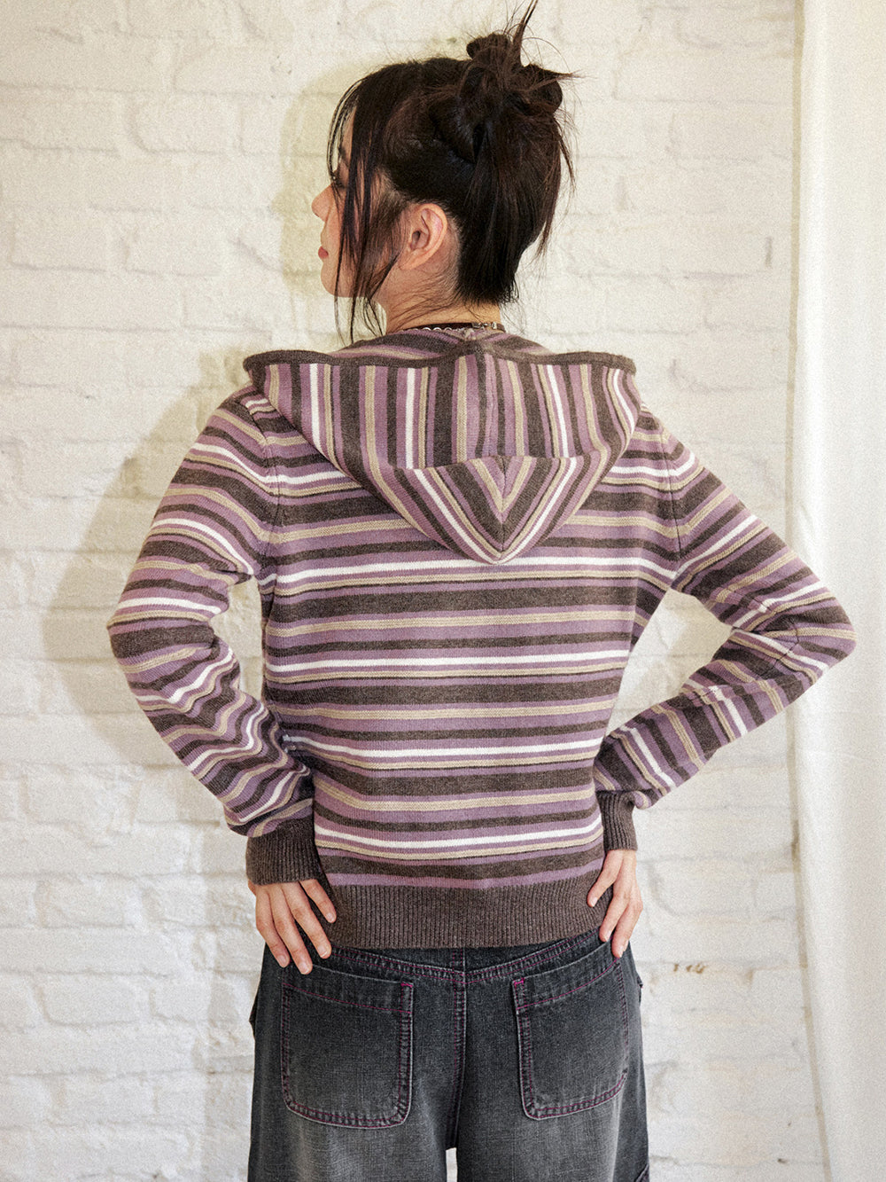 Striped Rose Embroidered Knit Zip Hoodie