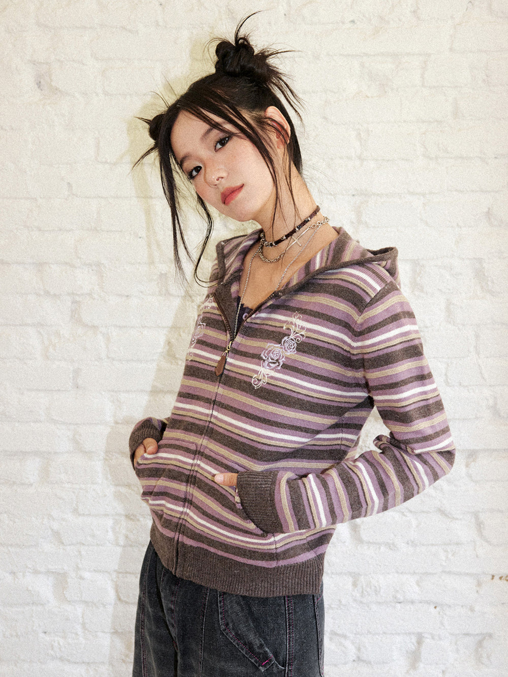 Striped Rose Embroidered Knit Zip Hoodie