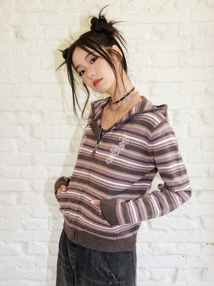 Striped Rose Embroidered Knit Zip Hoodie