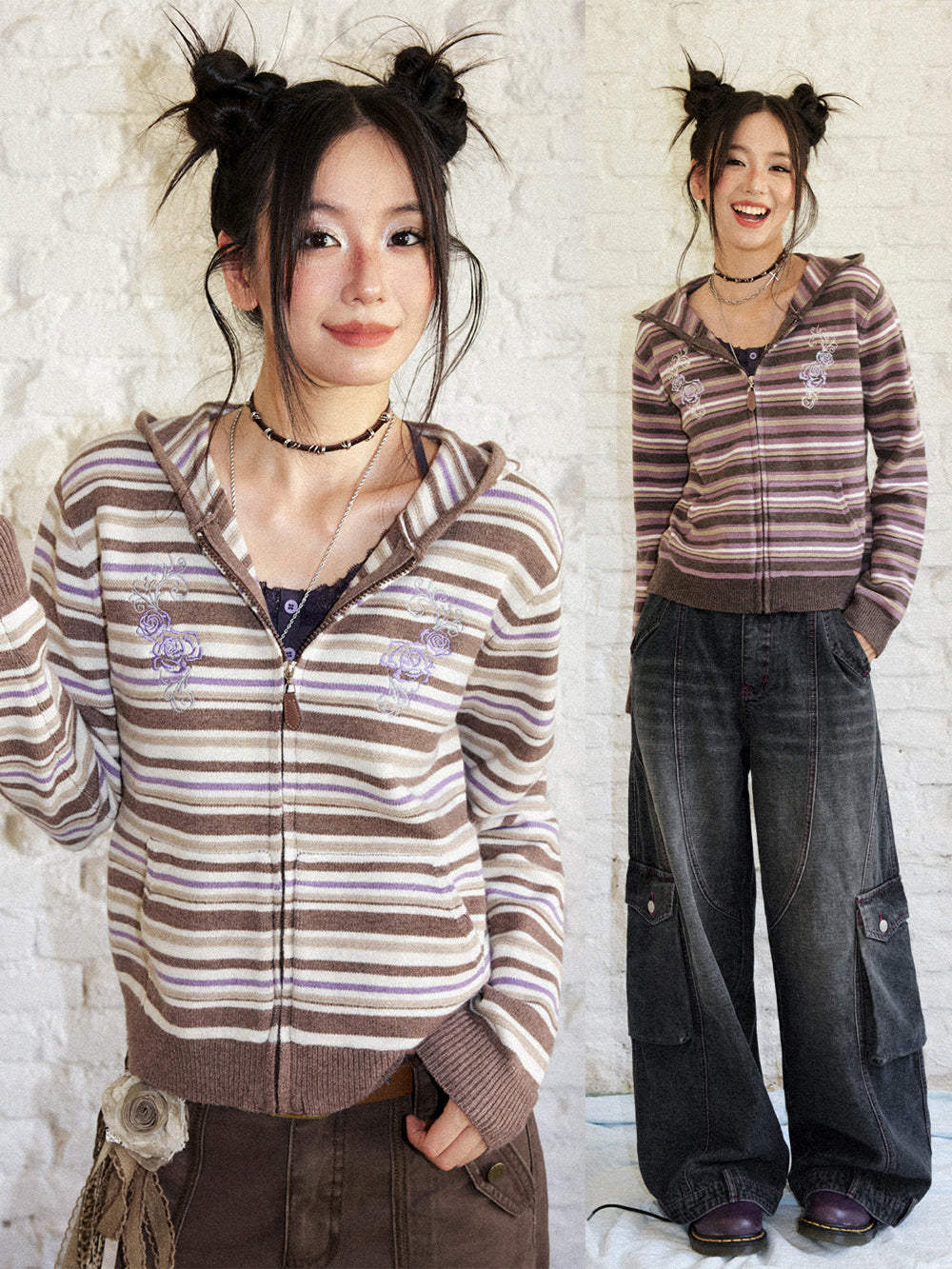 Striped Rose Embroidered Knit Zip Hoodie