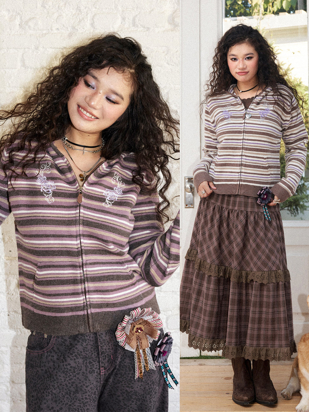 Striped Rose Embroidered Knit Zip Hoodie