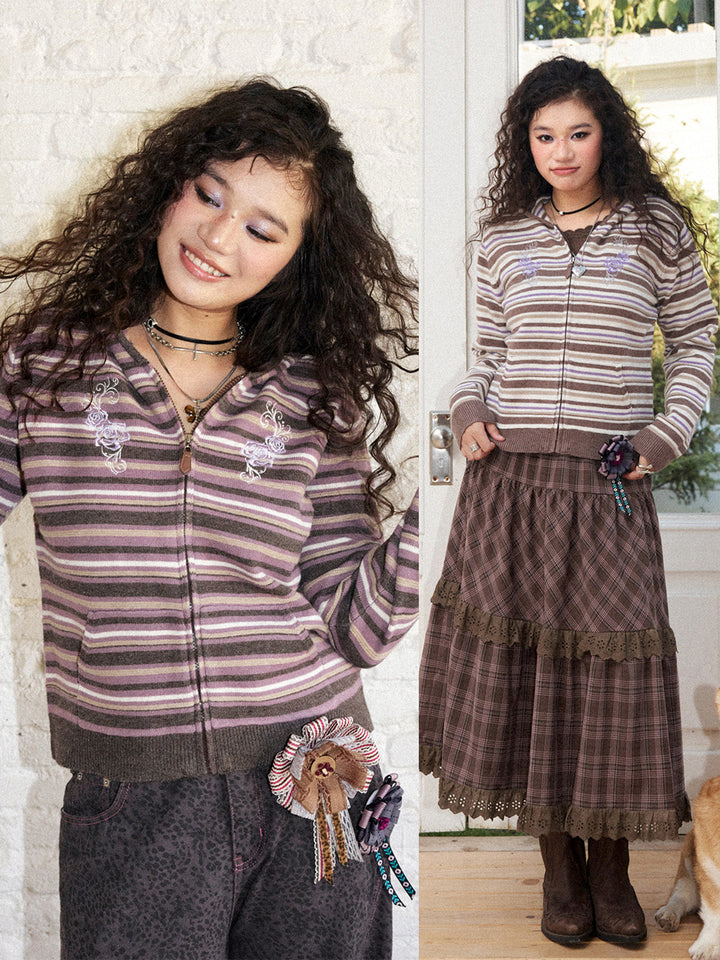Striped Rose Embroidered Knit Zip Hoodie