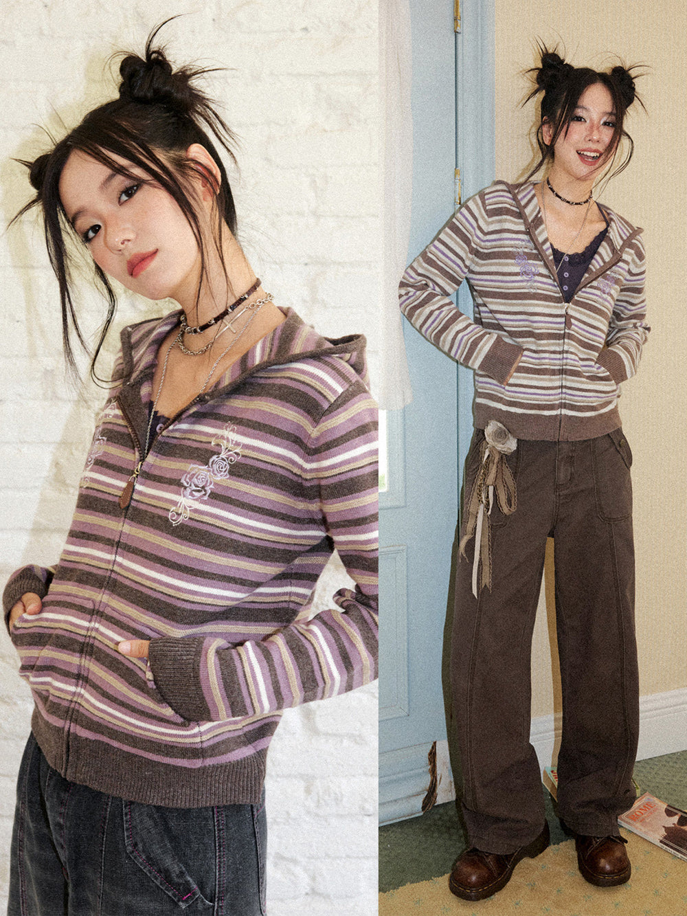 Striped Rose Embroidered Knit Zip Hoodie