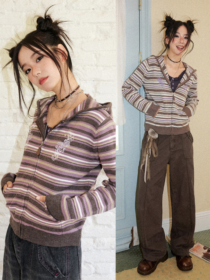 Striped Rose Embroidered Knit Zip Hoodie
