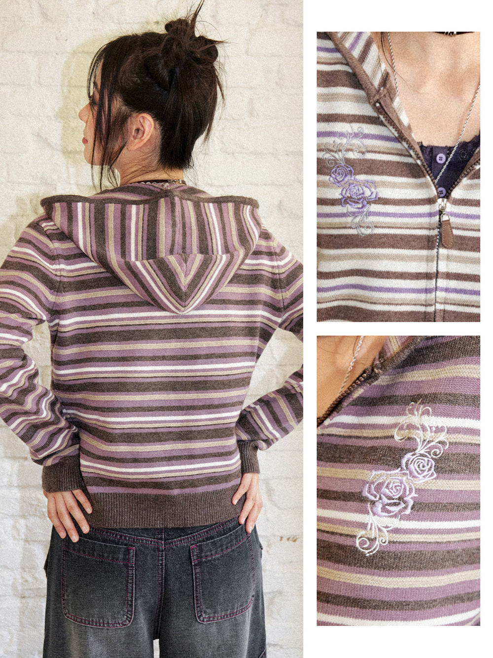 Striped Rose Embroidered Knit Zip Hoodie