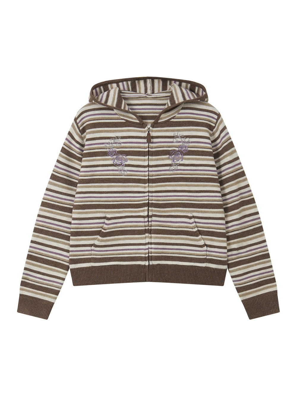Striped Rose Embroidered Knit Zip Hoodie