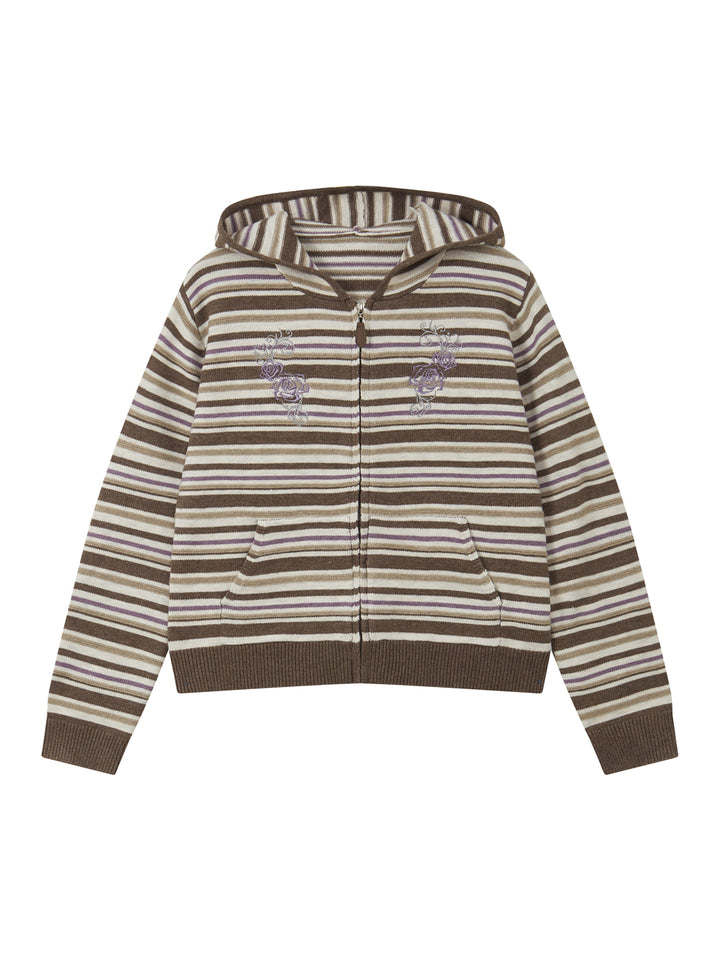 Striped Rose Embroidered Knit Zip Hoodie