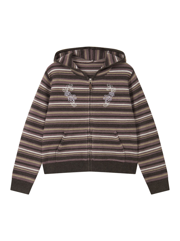 Striped Rose Embroidered Knit Zip Hoodie