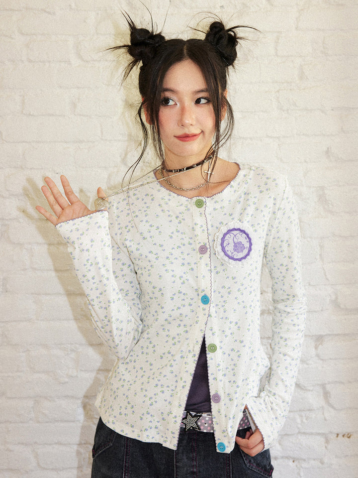 Ditsy Floral Contrast Button Cardigan Top