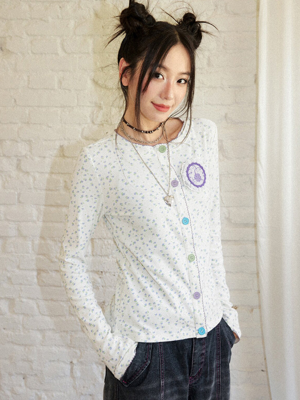 Ditsy Floral Contrast Button Cardigan Top