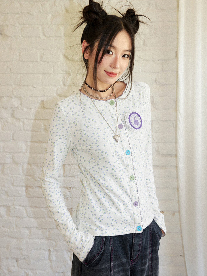 Ditsy Floral Contrast Button Cardigan Top