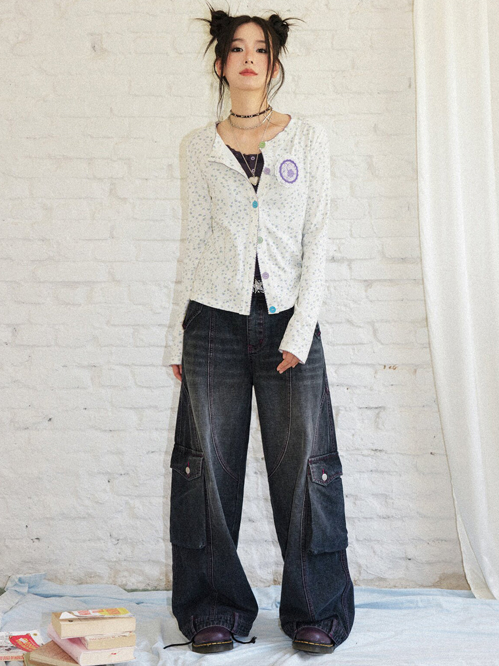 Ditsy Floral Contrast Button Cardigan Top