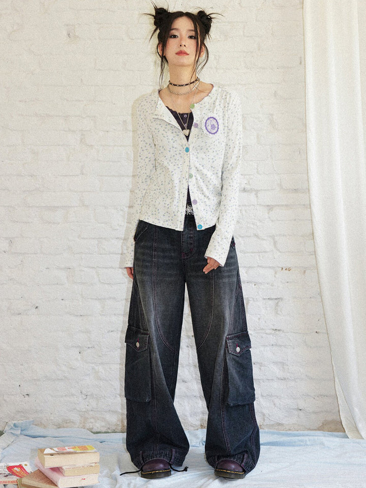 Ditsy Floral Contrast Button Cardigan Top
